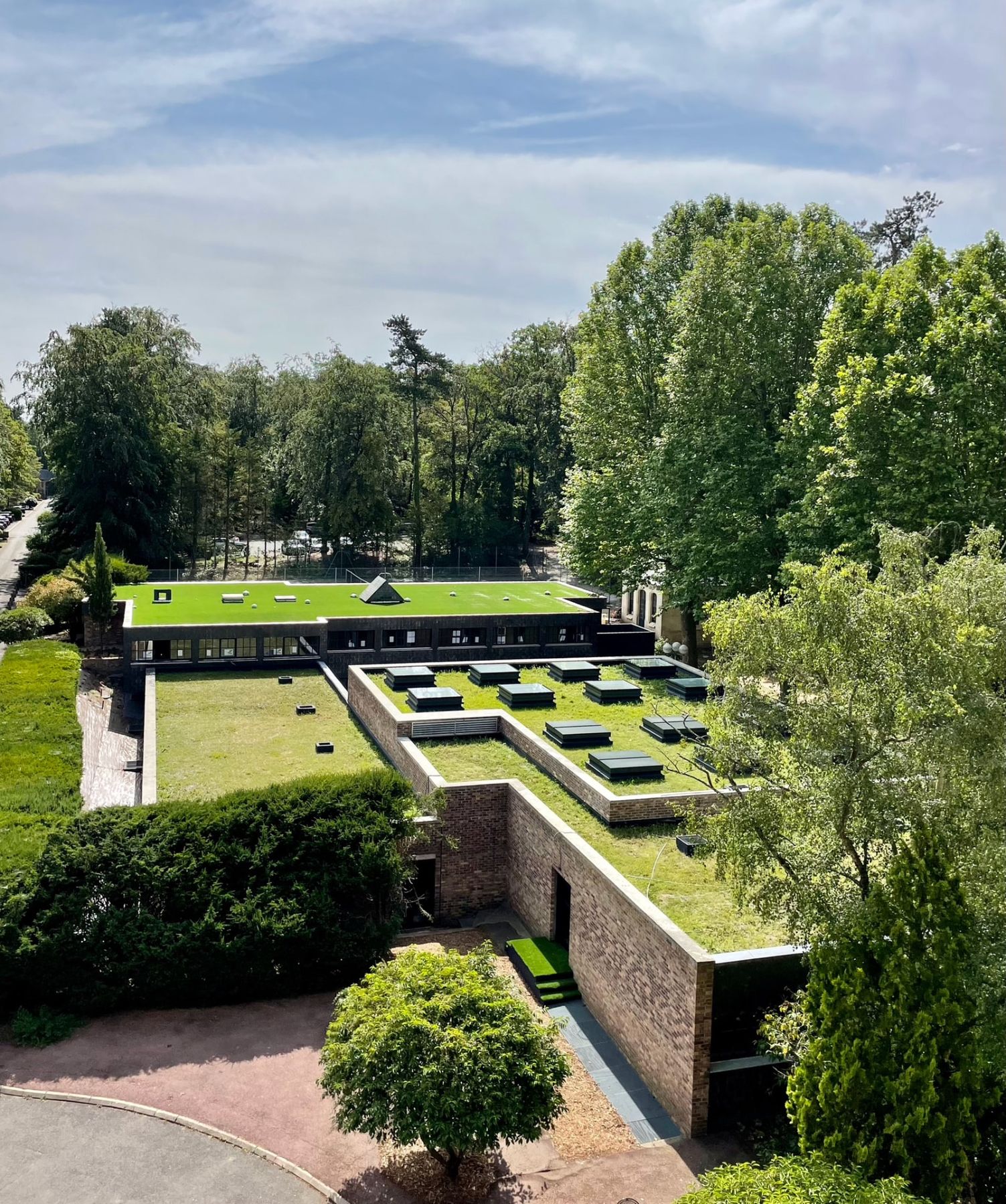 Vue d'ensemble des toitures-terrasses végétalisées et engazonnées du site